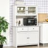 HOMCOM 63.5" Kitchen Hutch Cabinet, Pantry Storage Cabinet with 4 Shelves, Drawers, Framed Glass Doors, Open Microwave Countertop, Antique White